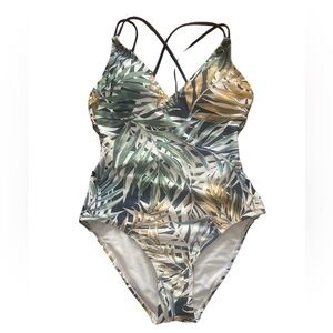 Hurley Tropical Leaf Print One-Piece Swimsuit in Green, Navy, and Gold